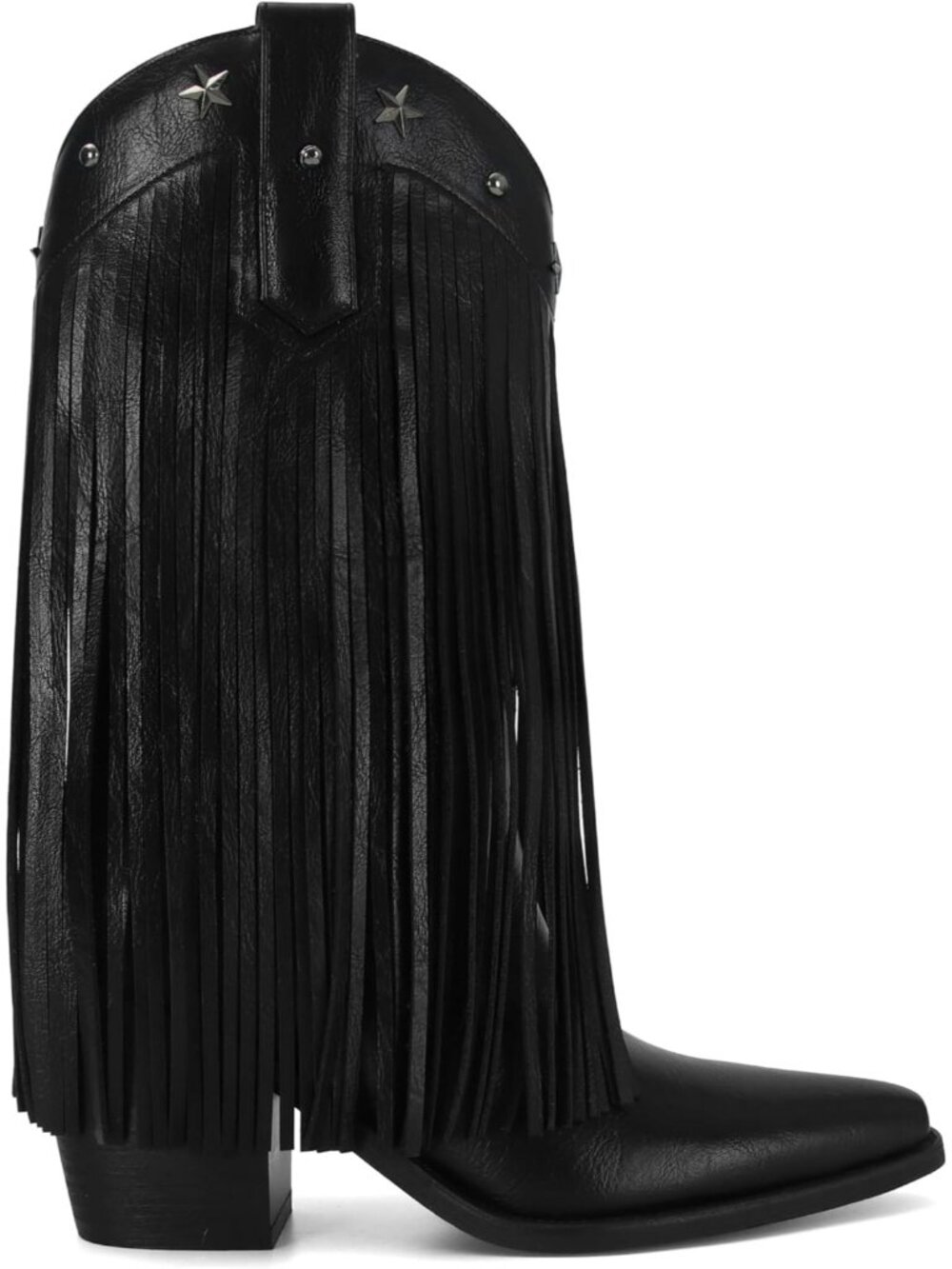 Women Black Leather Pull on Mid Calf Cowgirl Star Pointed Toe Chunky Heel